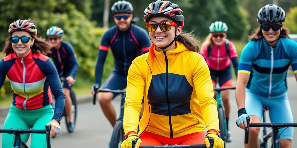 Moderne fietskleding in actie, kleurrijke en comfortabele outfits.