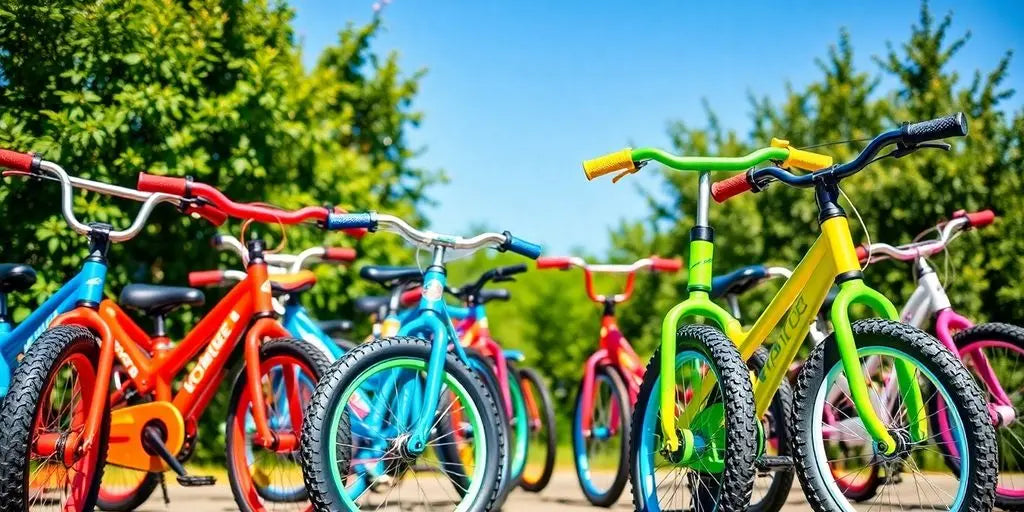 Verschillende kleurrijke kinderfietsen in een zonnige omgeving.