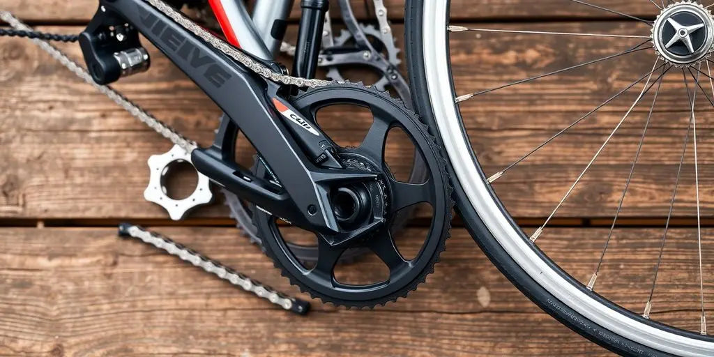 Diverse racefiets onderdelen op een houten achtergrond.