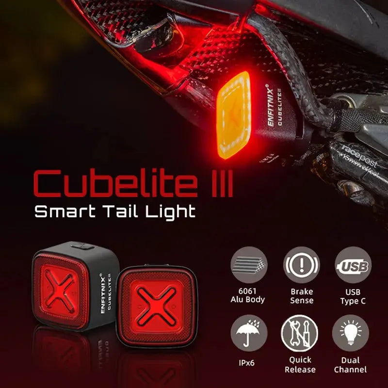 Enfitnix Cubelite III Smart Tail Light Bicycle Brake Warning Light Ultra Bright Rear Light USB Charge LED Night Warning Light Aprizz - Outdoor premium producten