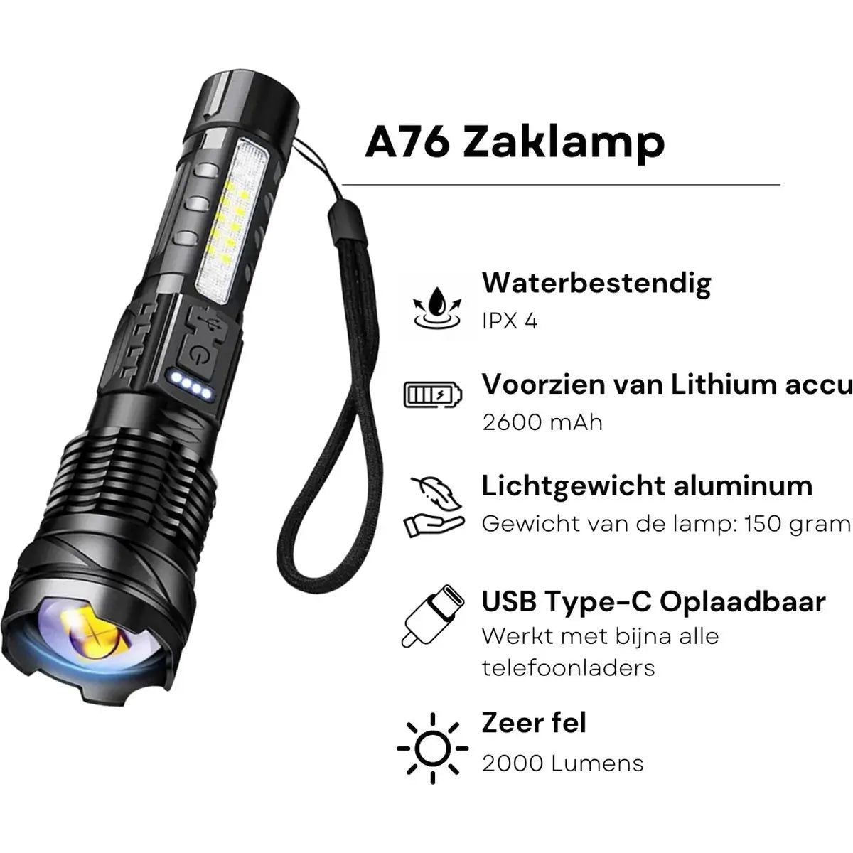 Tactische LED Zaklamp – Waterdicht & oplaadbaar met telescopische zoom Aprizz