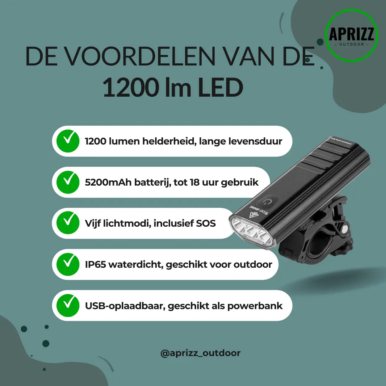 WEST BIKING 1200 Lumen LED Fietslamp - 5200mAh USB oplaadbare koplamp met 5 lichtmodi Aprizz