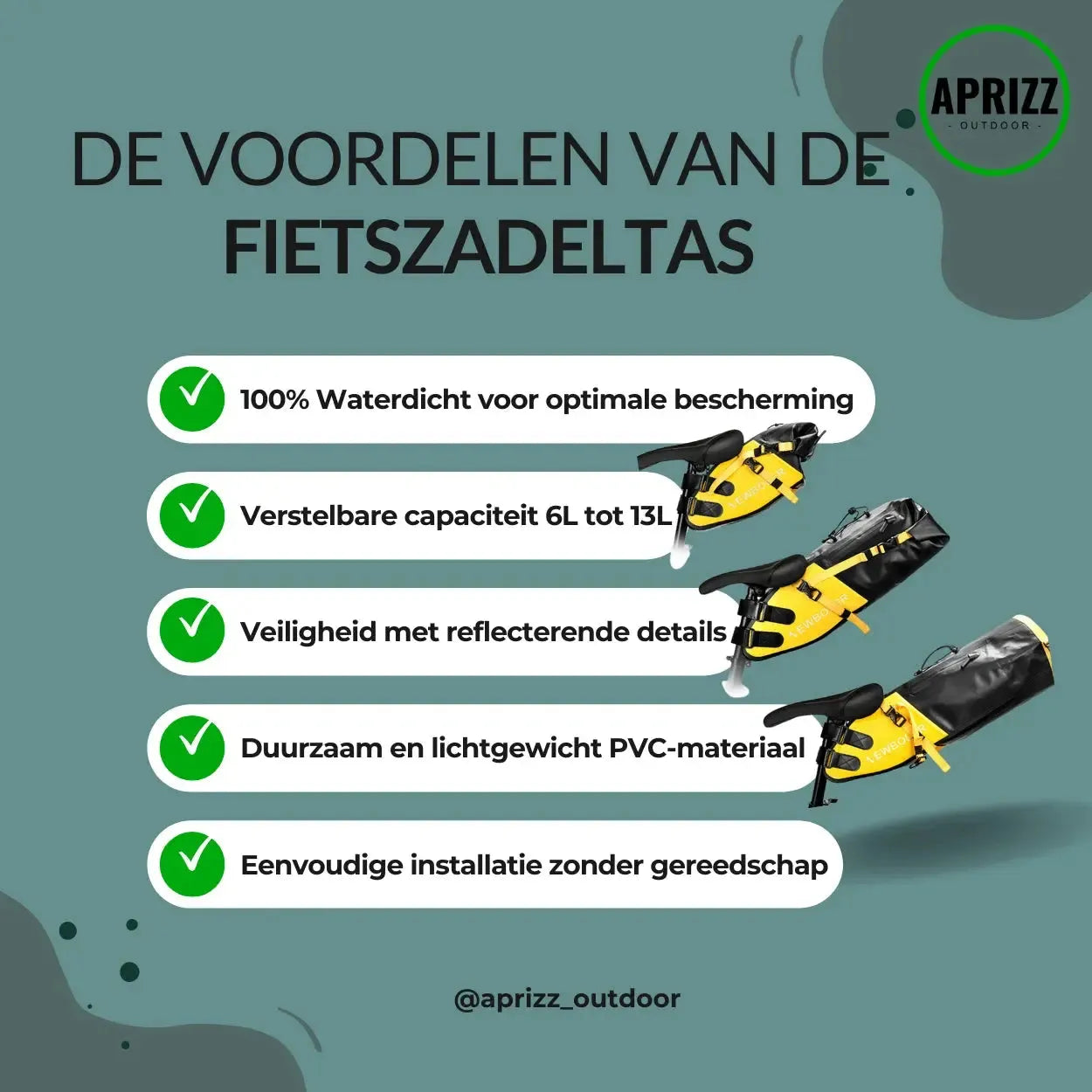 Waterproof Fietszadeltas - Verstelbare 13L grote capaciteit met reflectie en PVC bescherming Aprizz